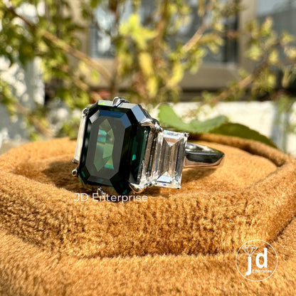 6.00 TW Emerald Cut Fancy Dark Green Moissanite Engagement Ring, Three Stone Wedding Ring, Side Stone Baguette, Anniversary Gift Bridal Ring