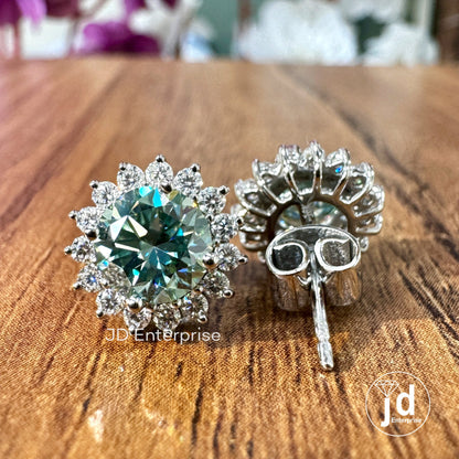 Blue Green Moissanite Diamond Earrings - Cluster Flower Studs for Women, Handmade Jewelry Halo Collection, Gift for Women, Everyday Earrings