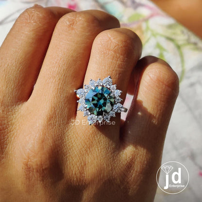 3.50 CT Round Cut Bluegreen Moissanite Engagement Ring, Vintage Halo Anniversary Gifts Ring, Flower Design Cluster Wedding Rings for Women