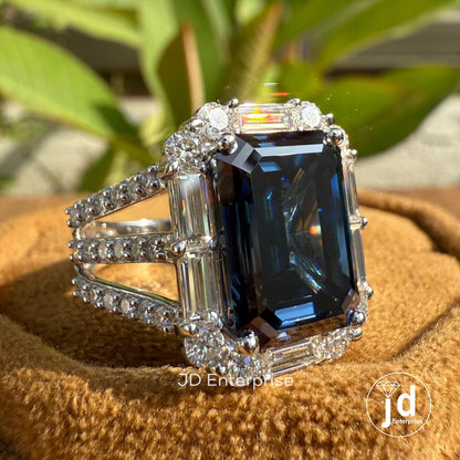 Large 6.70 CT Emerald Cut Royal Blue Moissanite Engagement Ring, Pave Split Shank Wedding Ring, Baguette & Round Halo Ring, Anniversary Gift