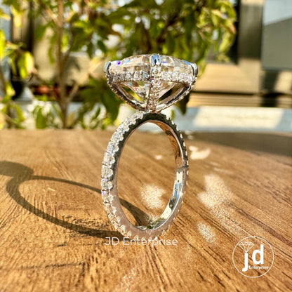 7.50TW Round Cut Moissanite Hidden Halo Ring, Petite Pave Engagement Ring, Full Eternity Pave Wedding Ring, Celebrity Style Anniversary Ring
