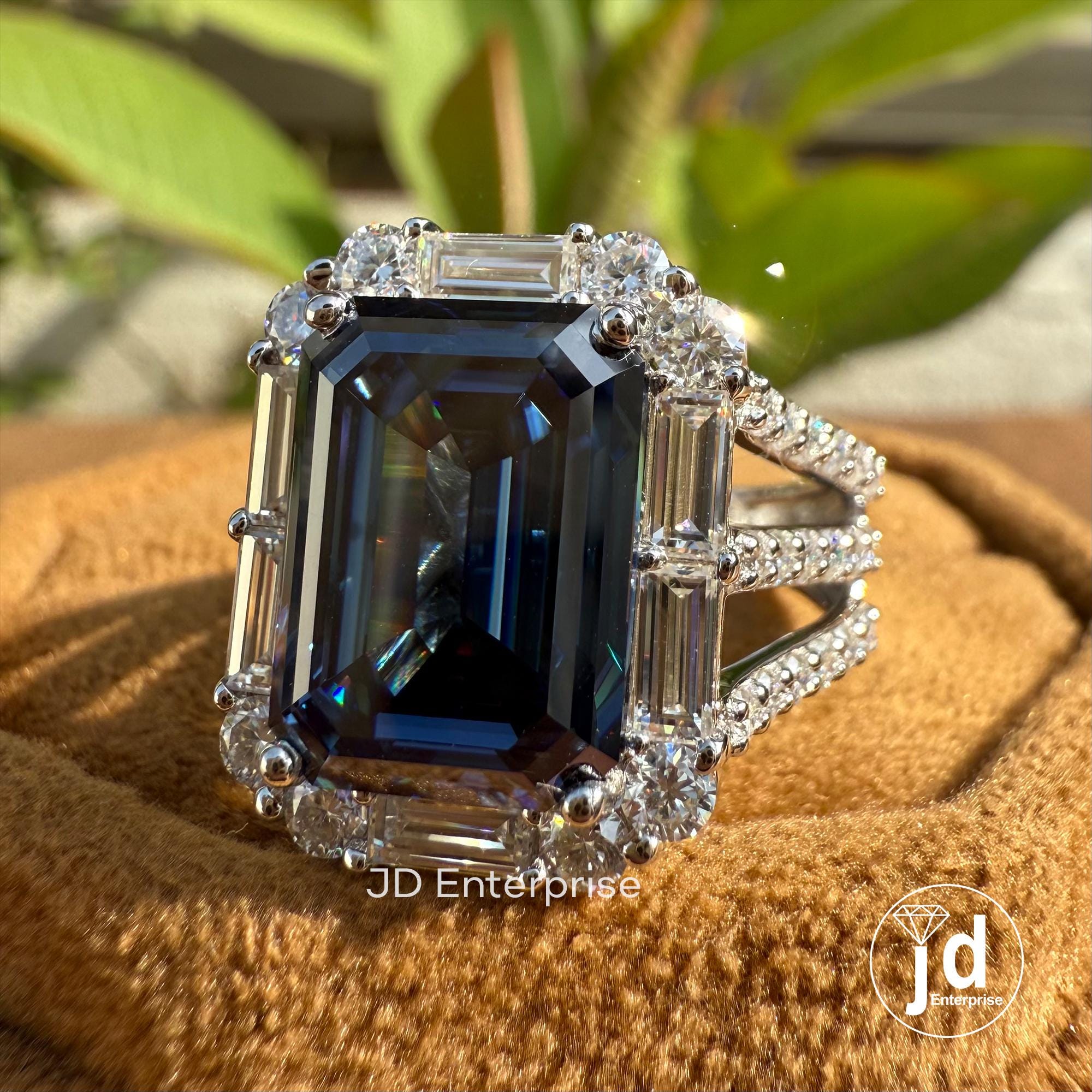 Large 6.70 CT Emerald Cut Royal Blue Moissanite Engagement Ring, Pave Split Shank Wedding Ring, Baguette & Round Halo Ring, Anniversary Gift