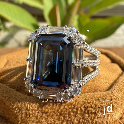 Large 6.70 CT Emerald Cut Royal Blue Moissanite Engagement Ring, Pave Split Shank Wedding Ring, Baguette & Round Halo Ring, Anniversary Gift