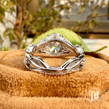 Floral Oval Cut Moissanite Engagement Ring, Vintage Wedding Ring, Cluster Hidden Halo Bridal Ring, Infinity Twisted Pave Anniversary Ring