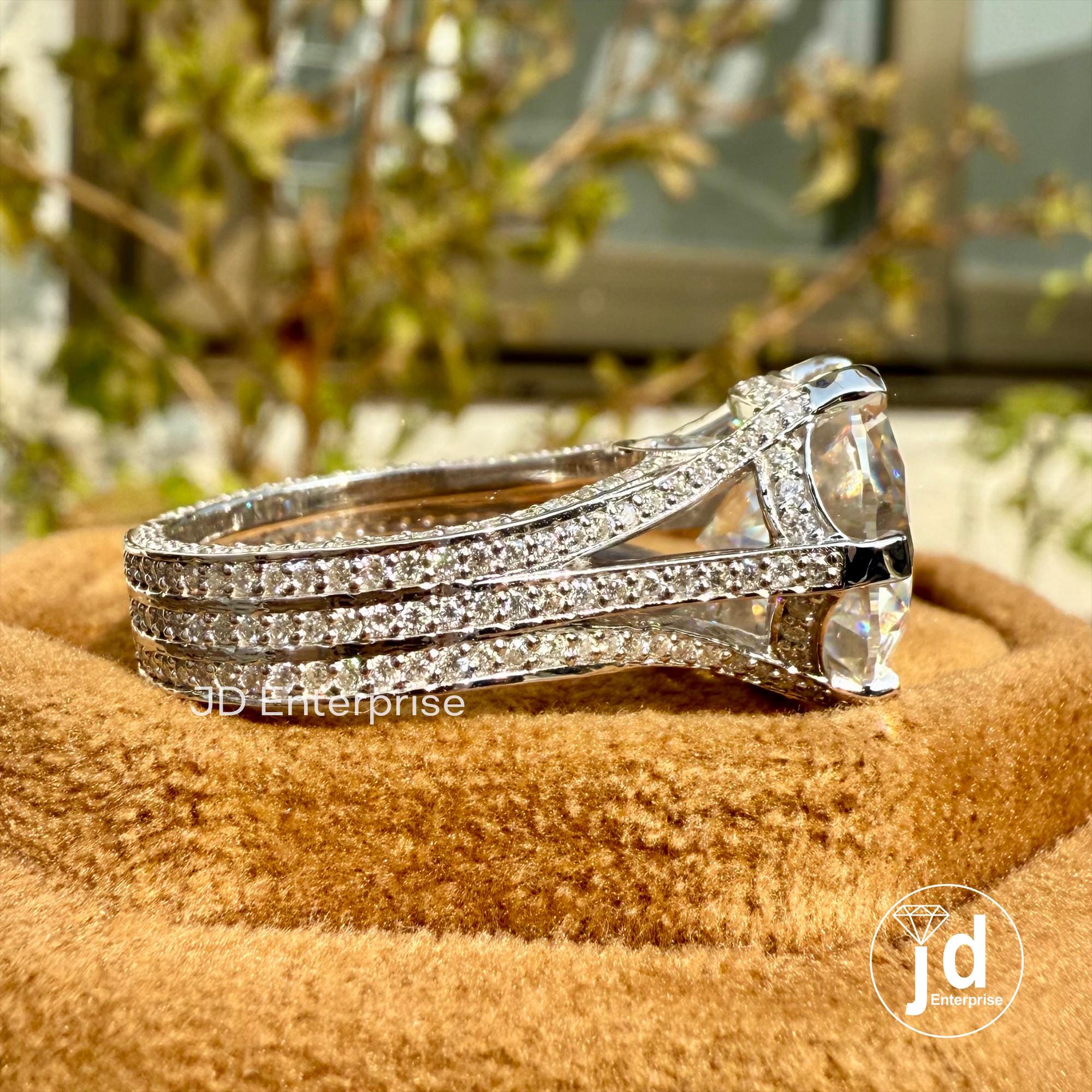 8.00 TCW Large Round Cut Moissanite Hidden Halo Engagement Ring, Split Pave Wedding Ring, Three Side Pave Celebrity Style Anniversary Gift