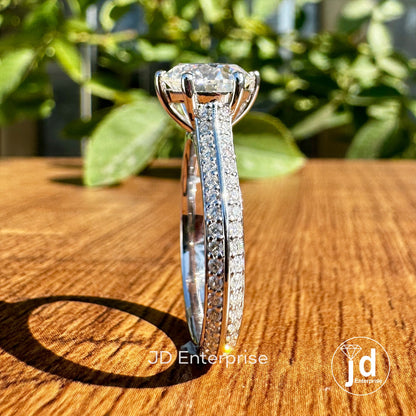 Stunning 2.00 CT Round Moissanite Engagement Ring, Wedding Ring for Women, Six Prong Knife Edge Shank, Two Row Pave Set Ring, Promise Ring