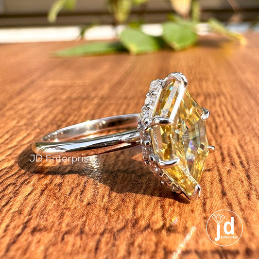 Canary Yellow 2.00 CT Step Cut Dutch Marquise Moissanite Hidden Halo Engagement Ring, Solitaire Wedding Ring, Six Claw Prong White Gold Ring