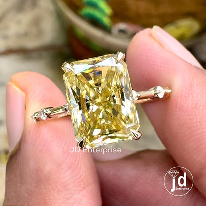 3.00CT Radiant Cut Canary Yellow Moissanite Engagement Ring, Distance Pave Ring, Side Stone Round Cut, 10k Yellow Gold Anniversary Gift Ring