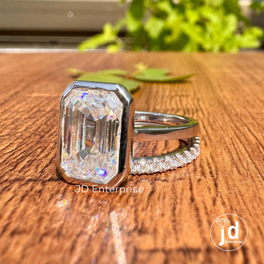 4.85 TCW Emerald Cut Colorless Moissanite Engagement Ring, Full Eternity Moissanite Wedding Band, Bezel Set Solitaire Bridal Ring Set