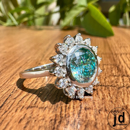 2.25 carat Cyan Blue Portuguese Cut Moissanite Engagement Ring, Antique Halo Ring for Women, Floral Style Wedding Ring, Bespoken Ring