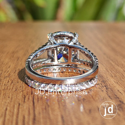 5.00 CT Cushion Cut Light Grey Moissanite Engagement Ring, Hidden Halo Wedding Set, Bridal Set, Eternity Band, Pave Split Shank Ring for Her