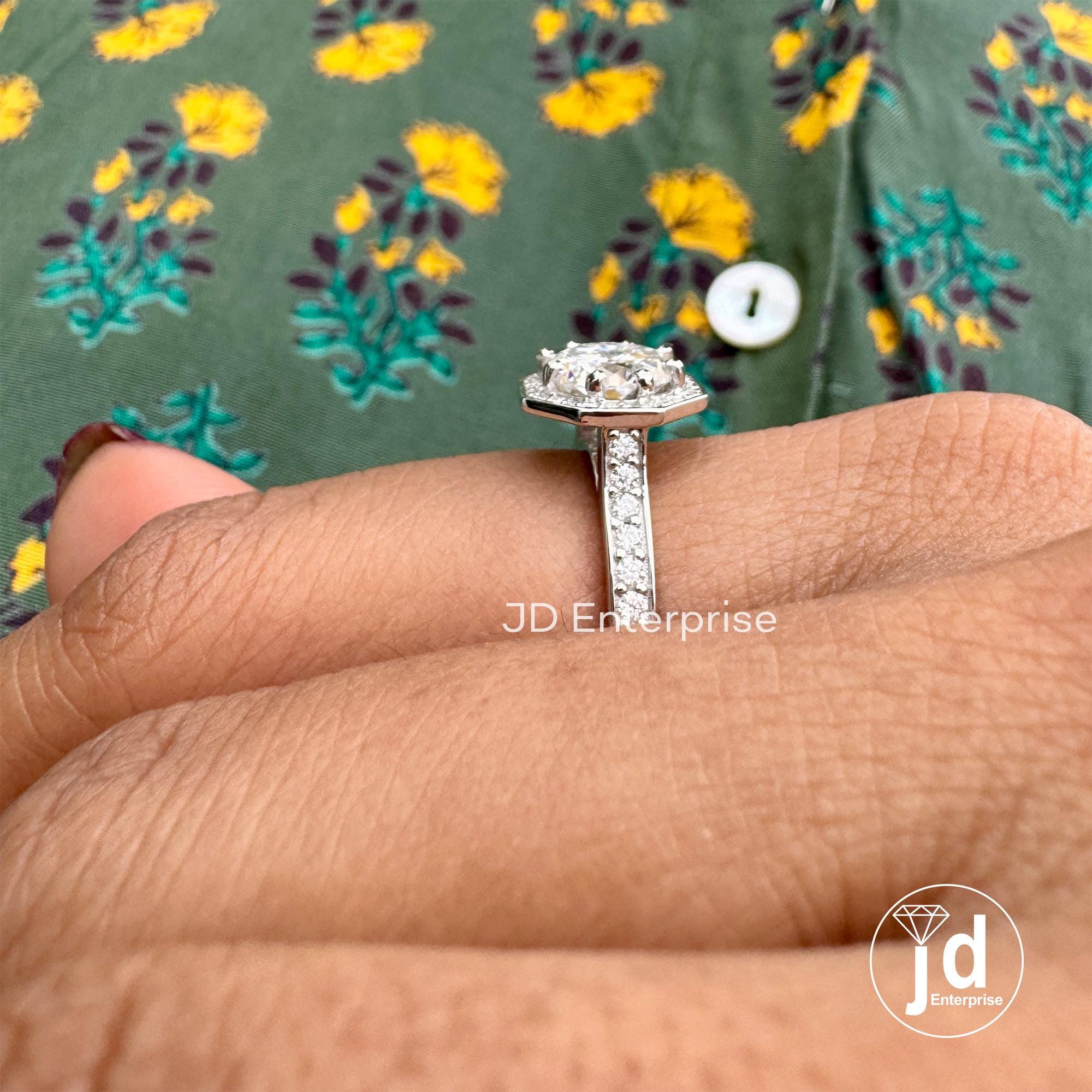 1.50 CT Portuguese cut Colorless Moissanite Engagement Ring, Halo Wedding Ring, Side Stone Round Pave Ring, Octagon Shape Bridal Ring