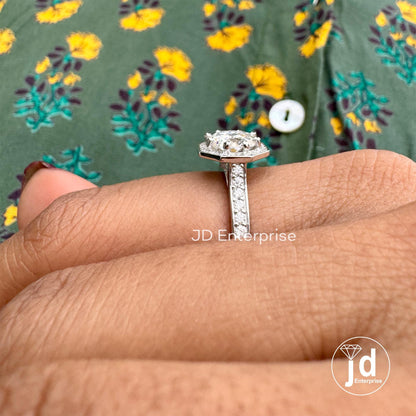 1.50 CT Portuguese cut Colorless Moissanite Engagement Ring, Halo Wedding Ring, Side Stone Round Pave Ring, Octagon Shape Bridal Ring