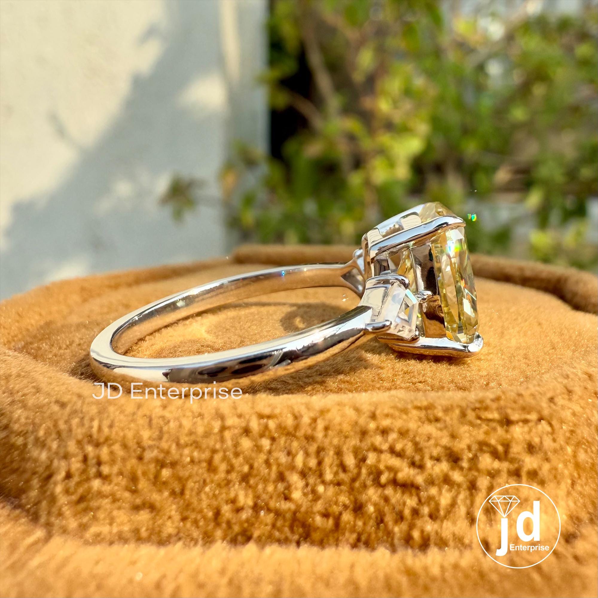 2.50 CT Cushion Canary Yellow Moissanite Ring, Three Stone Engagement Ring, Side Kite Cut, Wedding Ring, Propose Ring, Anniversary Gift