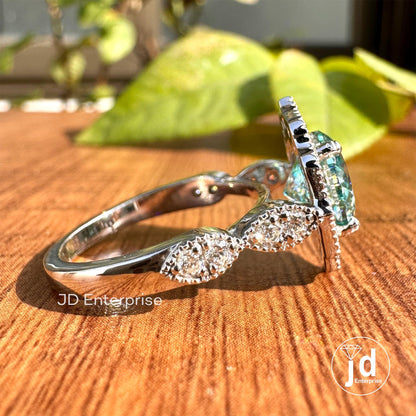 Cyan Blue Portuguese Cut Moissanite Ring, White Gold Halo Engagement Ring, Round Pave Set, Milgrain Wedding Ring, Anniversary Ring