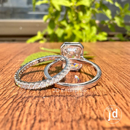 4.85 TCW Emerald Cut Colorless Moissanite Engagement Ring, Full Eternity Moissanite Wedding Band, Bezel Set Solitaire Bridal Ring Set