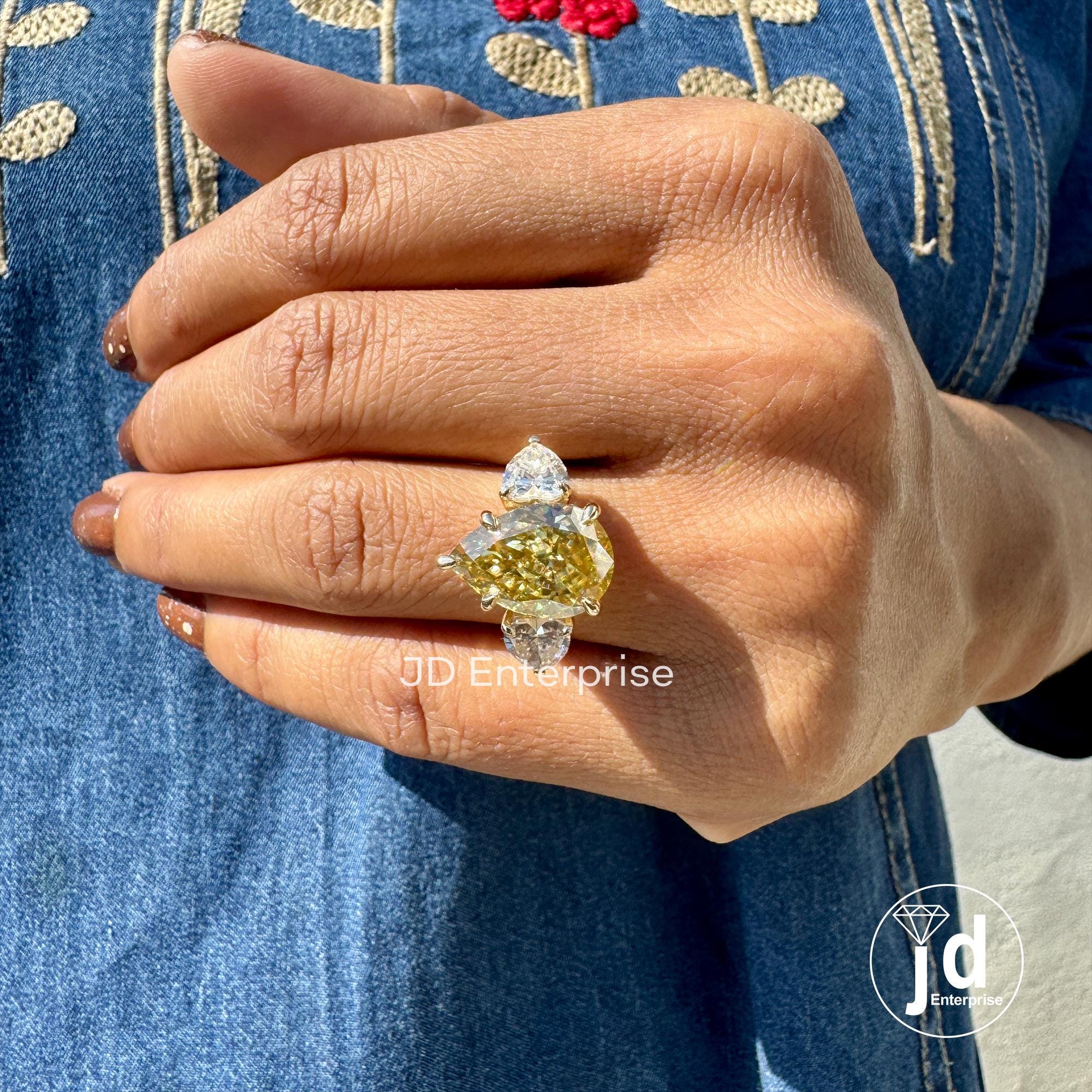 7.80 TCW Pear Cut Canary Yellow Moissanite Engagement Ring, Three Stone Wedding Ring with Heart Accents, 10k/14k/18k Yellow Gold Bridal Ring