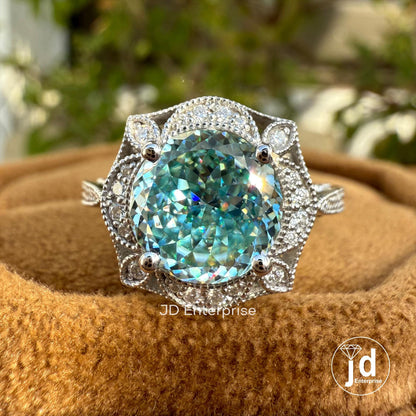 2.50 CT Cyan Blue Portuguese Halo Engagement Ring, Art Deco Wedding Ring, Nature Inspired Floral Ring, Vintage Filigree Anniversary Ring