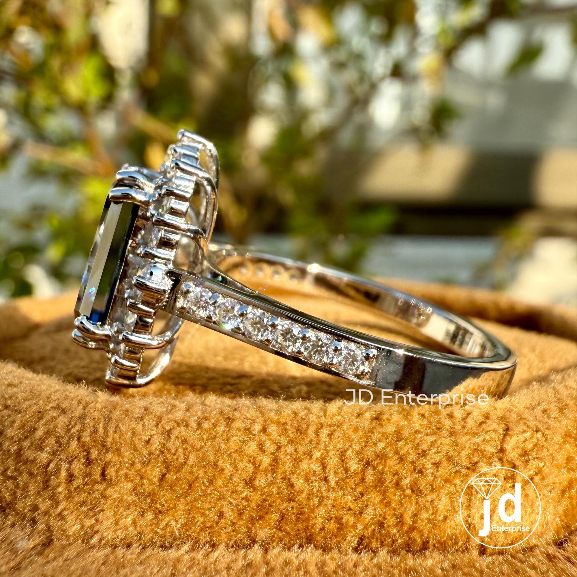 Vintage Engagement Ring, 3.12 TCW Radiant Cut Dark Blue Moissanite Wedding Ring, Flower Style Halo Ring, Double Prongs, Anniversary Gift