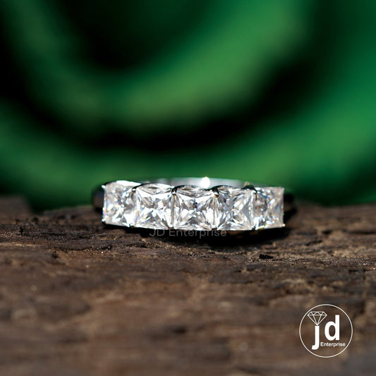 1.27 TCW Colorless Princess Cut Five Stone Engagement Ring, Stacking Wedding Band, Shared Prong Comfort Fit Band, Anniversary Gift Ring