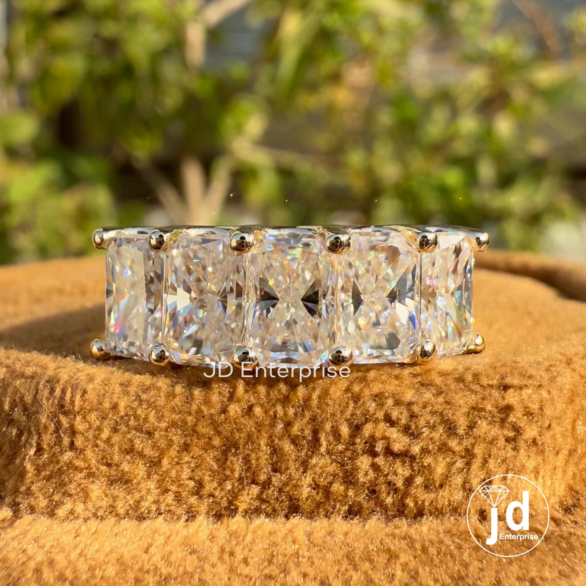 Radiant Cut Five Stone Ring, Moissanite Wedding Band, Unique Half Eternity Stacking Band, Thick Bands, Anniversary Gifts Ring for Women