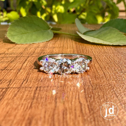 1.50TW Round Cut Light Grey Moissanite Engagement Ring, Three Stone Wedding Ring, White/Yellow/Rose Gold Promise Ring, Anniversary Gift