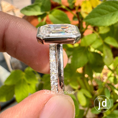 4.85 TCW Emerald Cut Colorless Moissanite Engagement Ring, Full Eternity Moissanite Wedding Band, Bezel Set Solitaire Bridal Ring Set