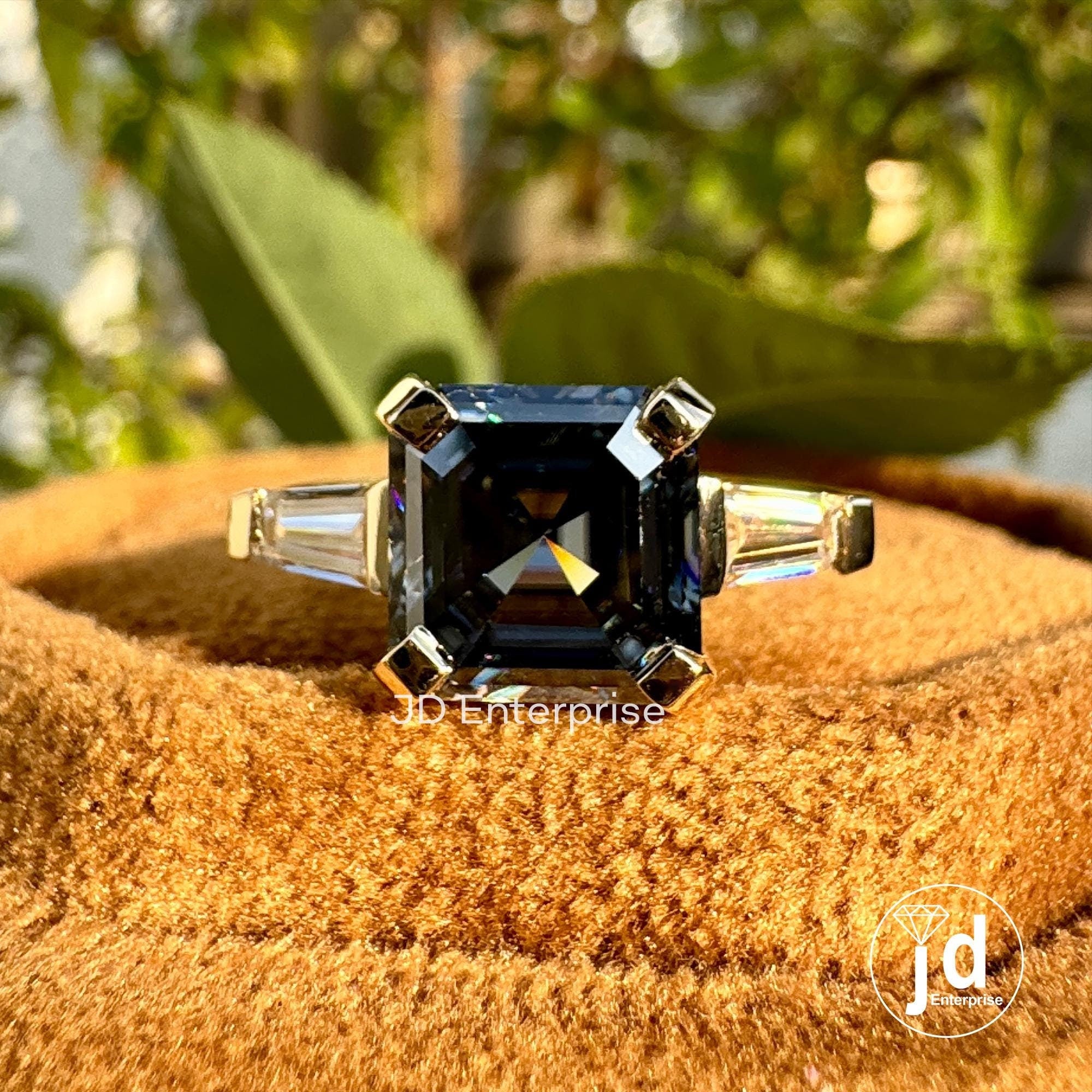 3.00 CT Asscher Cut Dark Grey Moissanite Engagement Ring, Three Stone Wedding Ring, Tapered Baguette Accent Ring, Yellow Gold Ring, Bridal