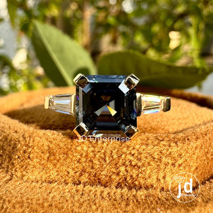 3.00 CT Asscher Cut Dark Grey Moissanite Engagement Ring, Three Stone Wedding Ring, Tapered Baguette Accent Ring, Yellow Gold Ring, Bridal