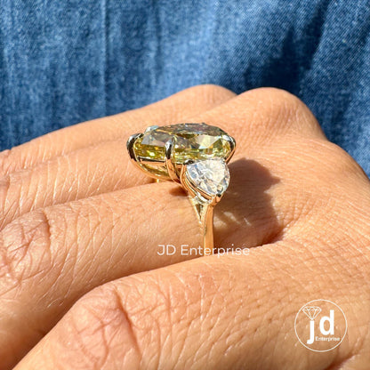 7.80 TCW Pear Cut Canary Yellow Moissanite Engagement Ring, Three Stone Wedding Ring with Heart Accents, 10k/14k/18k Yellow Gold Bridal Ring