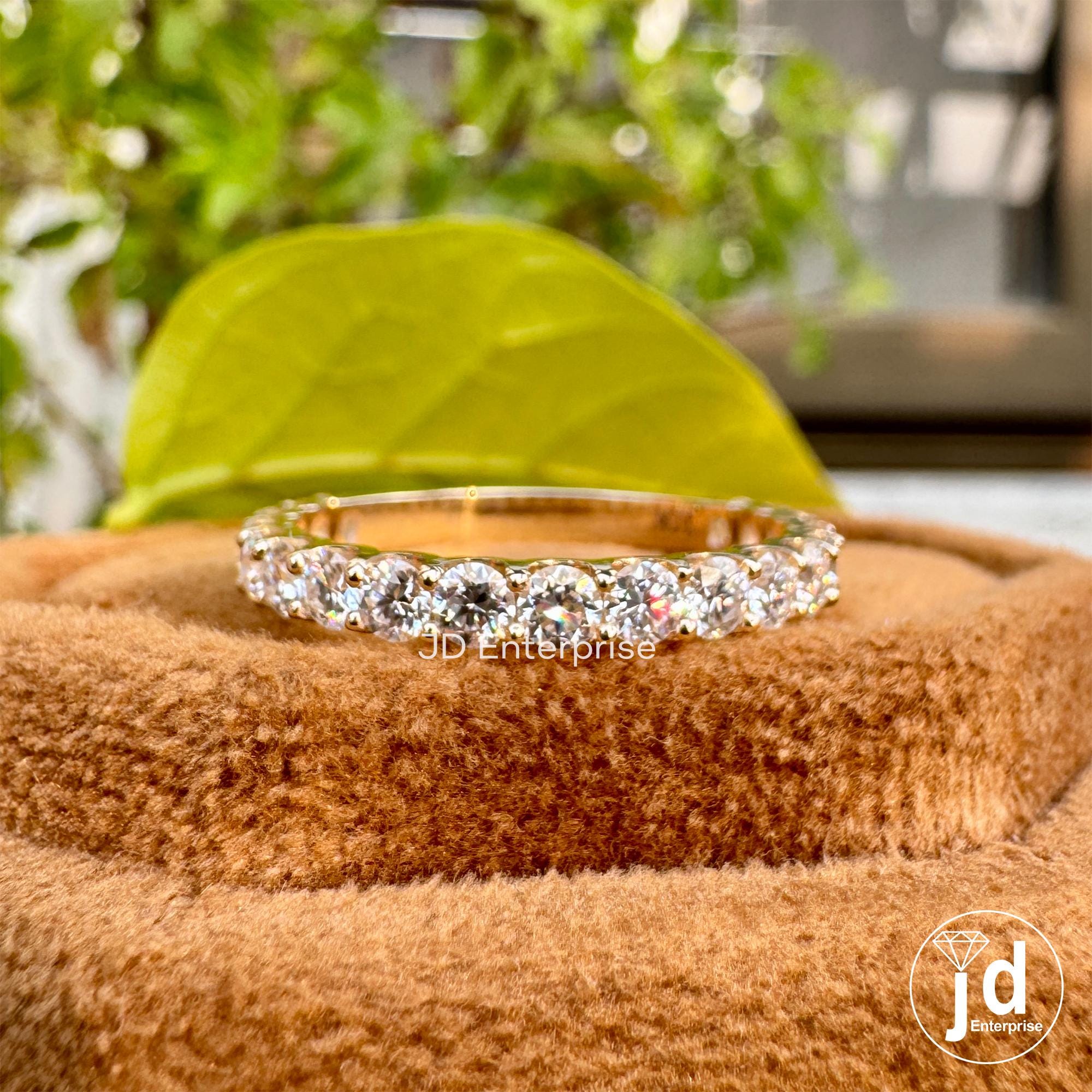 2.50 MM Round Moissanite Dainty Wedding Band, Moissanite Half Eternity Shared Prong Matching Engagement Bands, 10k Yellow Gold Bridal Band