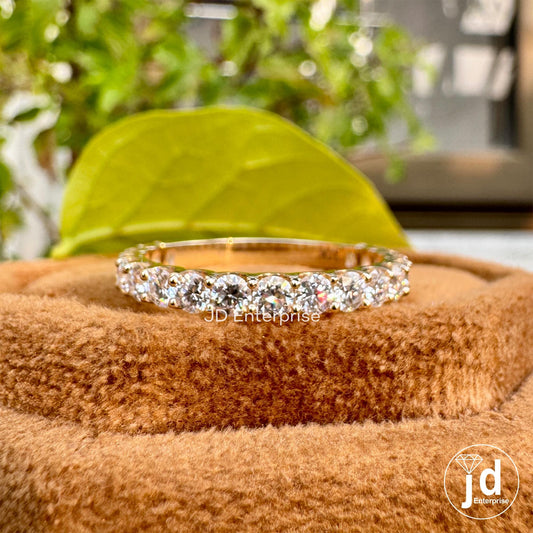 2.50 MM Round Moissanite Dainty Wedding Band, Moissanite Half Eternity Shared Prong Matching Engagement Bands, 10k Yellow Gold Bridal Band
