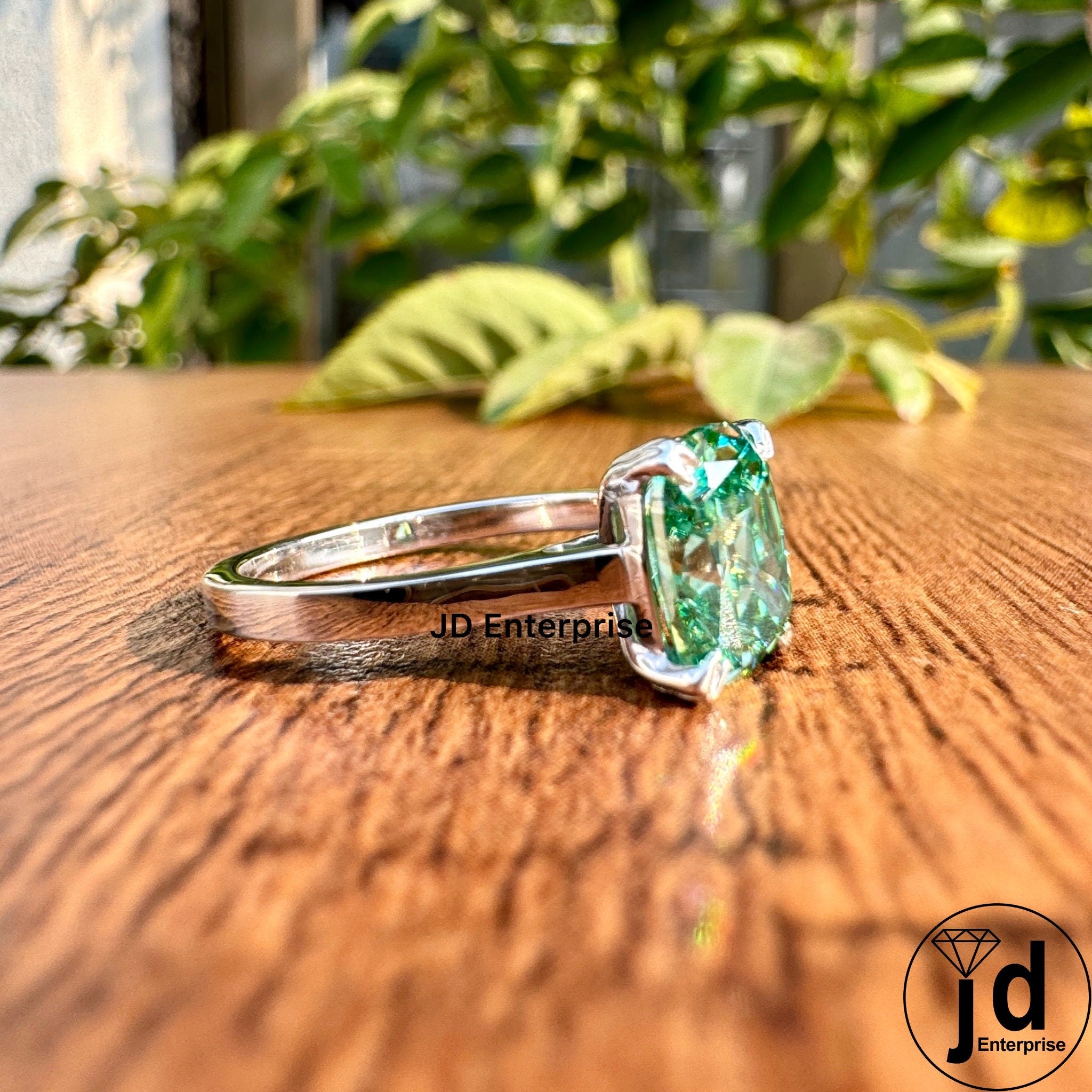 2.10 CT Fancy Green Moissanite Engagement Ring, Elongated Old Mine Cushion Cut Moissanite Anniversary Ring, Solitaire Proposal Ring for Her