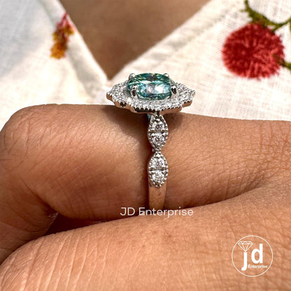 Cyan Blue Portuguese Cut Moissanite Ring, White Gold Halo Engagement Ring, Round Pave Set, Milgrain Wedding Ring, Anniversary Ring