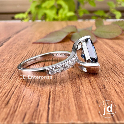 2.50 CT Royal Blue Radiant Cut Moissanite Engagement Ring, Half Halo Wedding Ring, Bypass Shank Anniversary Ring, Pave Set Bridal Ring