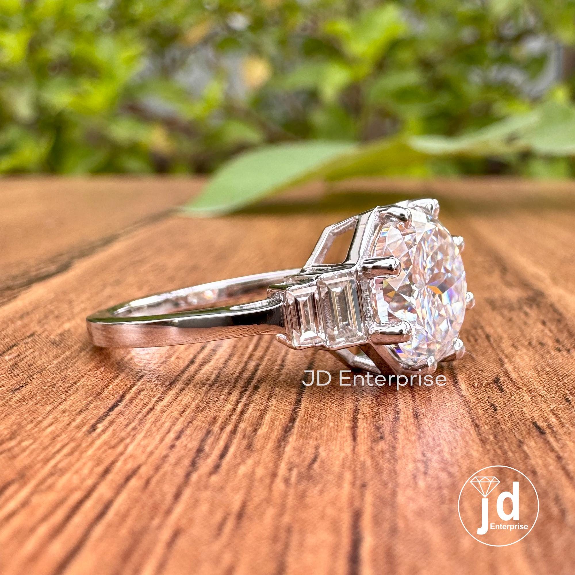 Vintage Style Five Stone Engagement Ring, 3CT Portuguese Cut Moissanite Ring, Side Stone Baguette Wedding Ring, Eight Prong Anniversary Ring