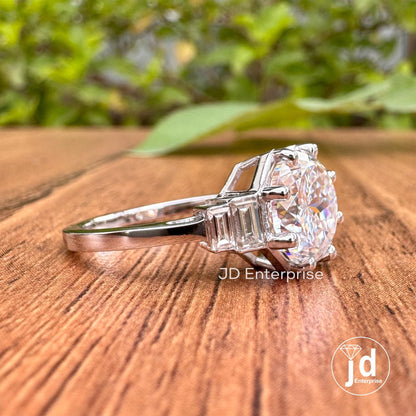 Vintage Style Five Stone Engagement Ring, 3CT Portuguese Cut Moissanite Ring, Side Stone Baguette Wedding Ring, Eight Prong Anniversary Ring