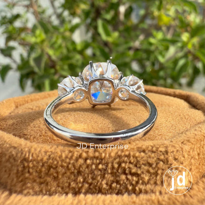 4.80 TW Colorless Cushion and Round Old Mine Cut Moissanite Ring, Vintage Style Three Stone Engagement Ring, Wedding Ring, Anniversary Gifts