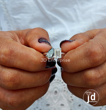Colorless & Light Grey Moissanite Toi Et Moi Ring, Emerald and Pear Cut Two Stone Ring, White Gold Wedding Ring, Anniversary Gift, Bridal