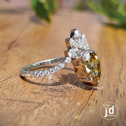 2.00CT Pear Rose Cut Brown Moissanite Engagement Ring, Marquise Cut Ring with Curved Band, Accent Set Wedding Ring, Anniversary Gift, Bridal