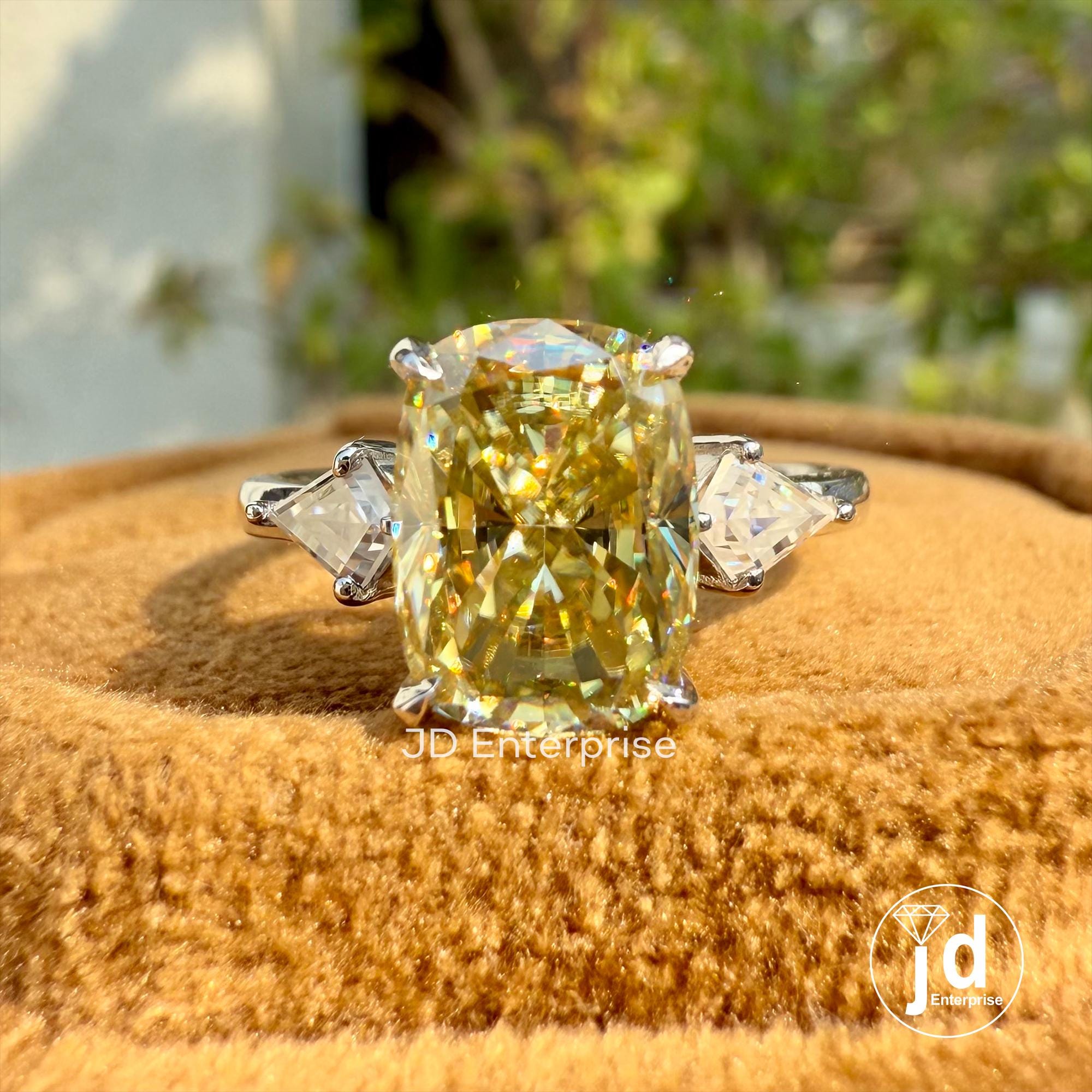 2.50 CT Cushion Canary Yellow Moissanite Ring, Three Stone Engagement Ring, Side Kite Cut, Wedding Ring, Propose Ring, Anniversary Gift