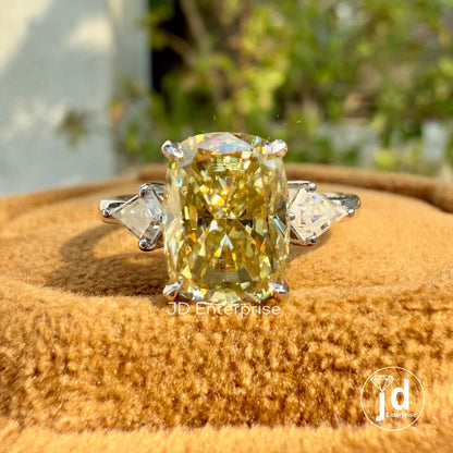 2.50 CT Cushion Canary Yellow Moissanite Ring, Three Stone Engagement Ring, Side Kite Cut, Wedding Ring, Propose Ring, Anniversary Gift