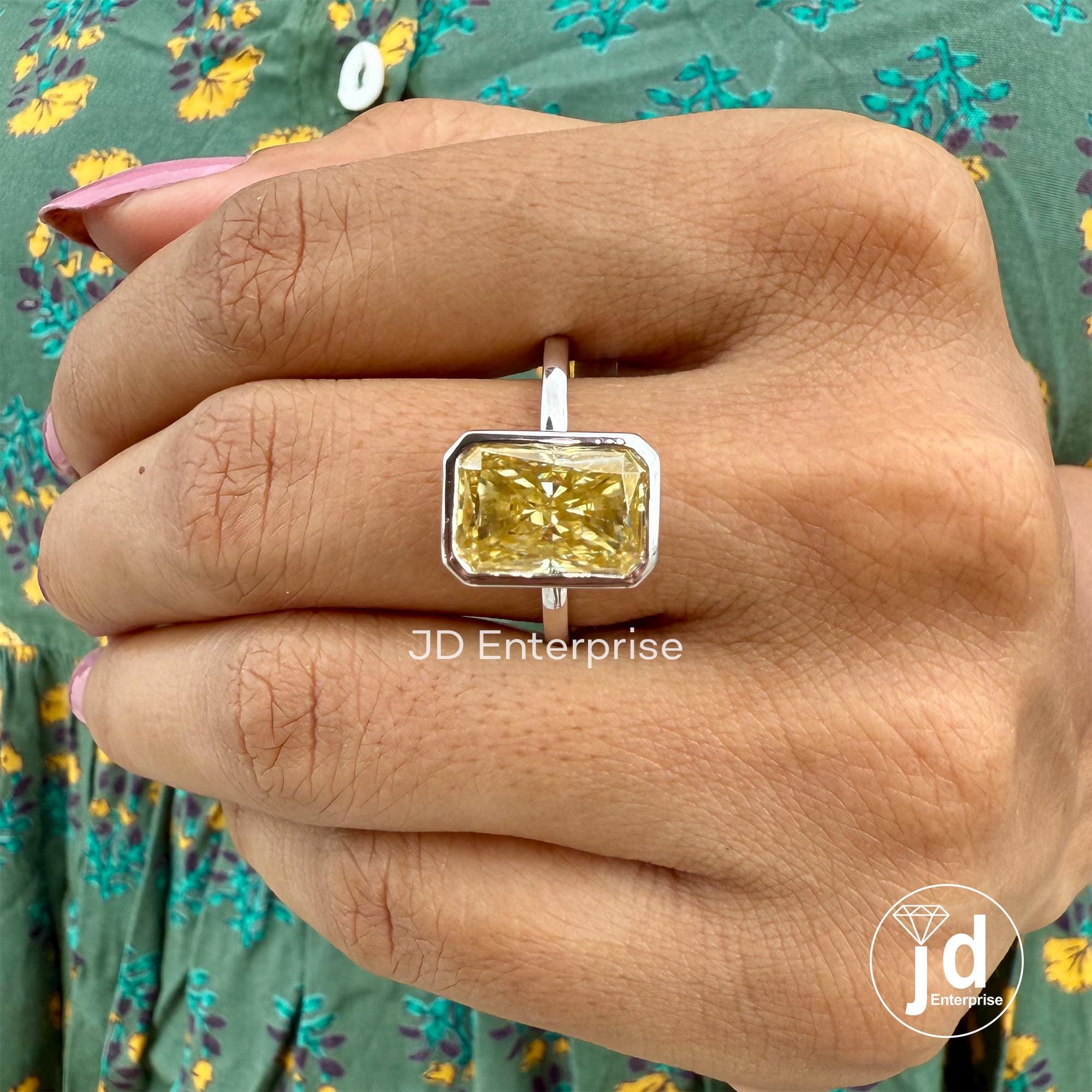 Bezel Set Radiant Cut Canary Yellow Moissanite Engagement Ring, Crushed Ice Radiant Solitaire Bezel Setting Wedding Ring, Anniversary Gifts