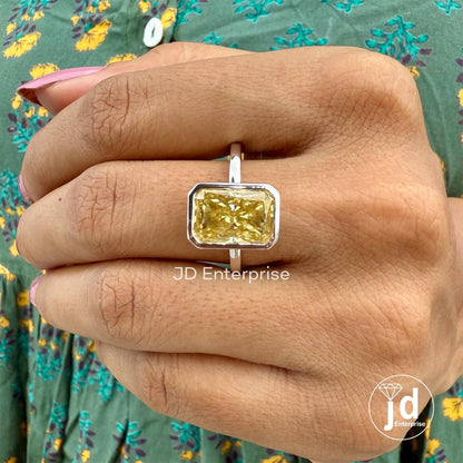 Bezel Set Radiant Cut Canary Yellow Moissanite Engagement Ring, Crushed Ice Radiant Solitaire Bezel Setting Wedding Ring, Anniversary Gifts