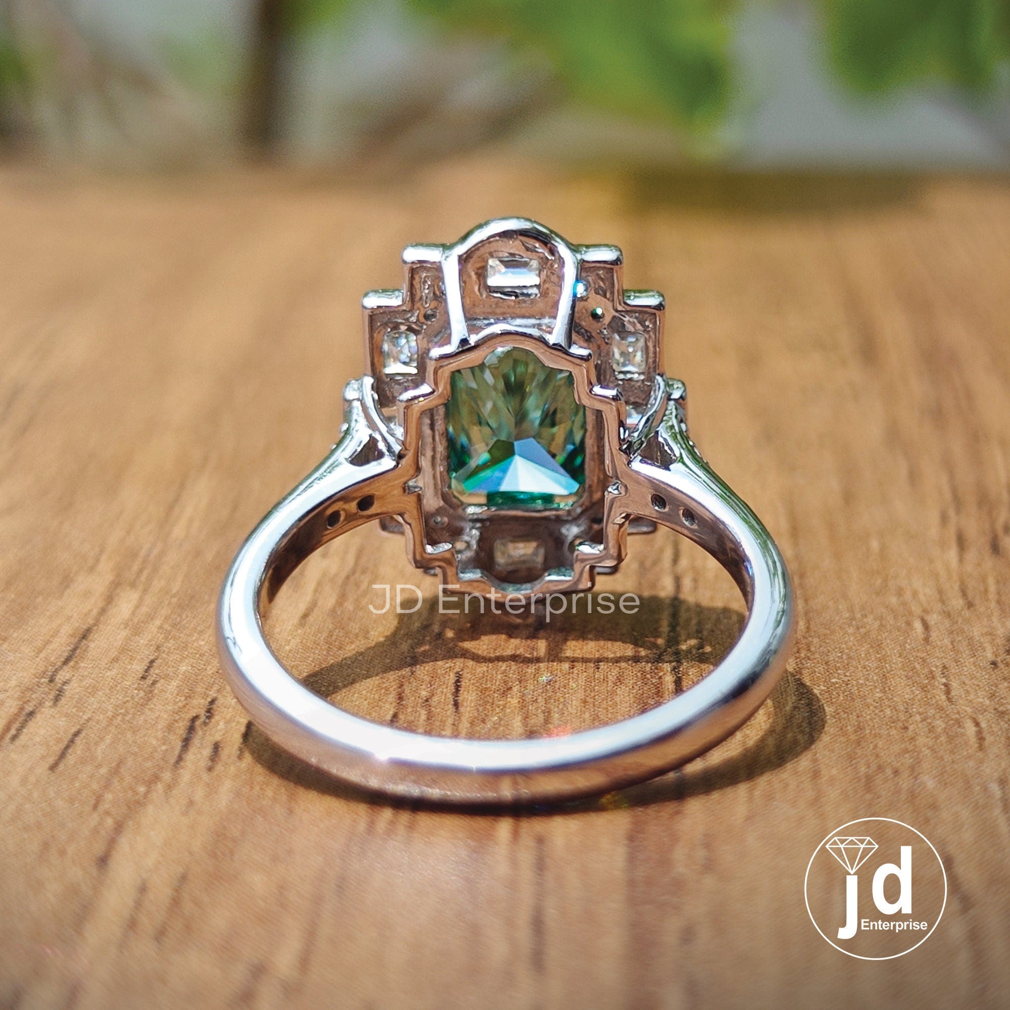 Vintage 2.0 CT Radiant Cut Green Moissanite Engagement Ring, Halo Wedding Ring, Milgrain Ring, Art Deco Ring, Anniversary Ring, Promise Ring