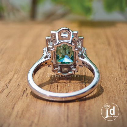 Vintage 2.0 CT Radiant Cut Green Moissanite Engagement Ring, Halo Wedding Ring, Milgrain Ring, Art Deco Ring, Anniversary Ring, Promise Ring