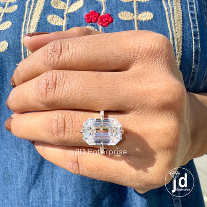 9.00 TCW Old Mine Emerald Cut Moissanite Engagement Ring, Hidden Halo Wedding Ring, Large Solitaire Celebrity Style Bridal Ring, Donut Pave