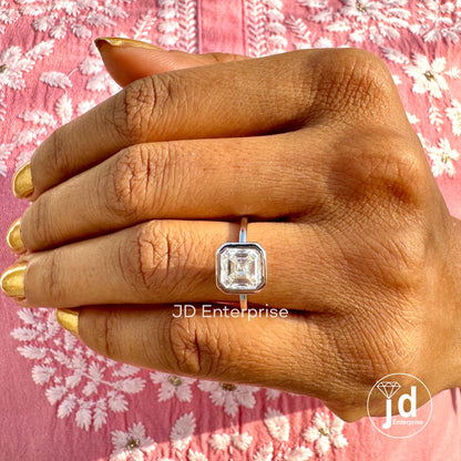 2.00CT Asscher Cut Bezel Set Solitaire Moissanite Engagement Ring, White/Yellow/Rose Gold Moissanite Wedding Ring, Promise Ring, Proposal