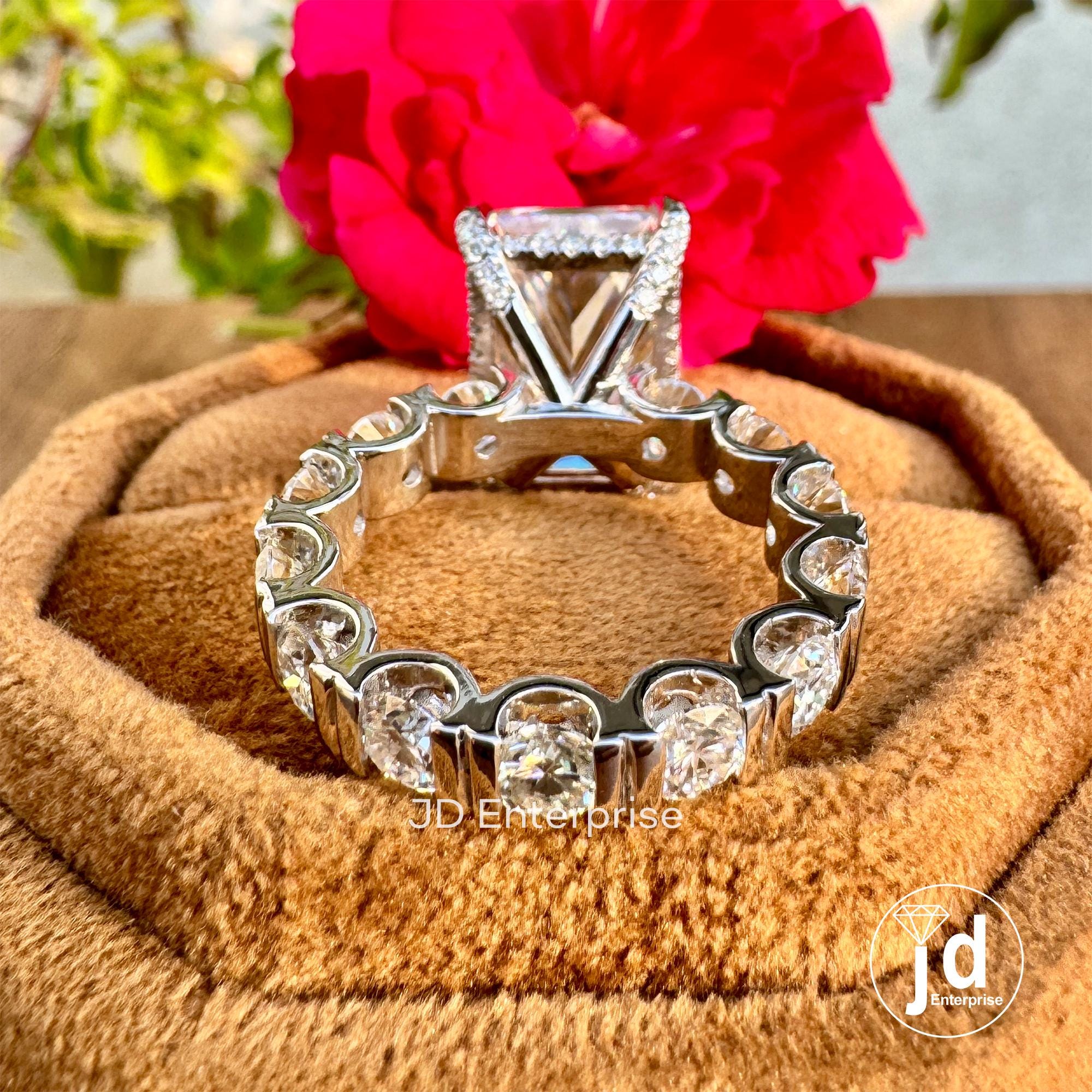 10.23CT Large Radiant Cut Moissanite Engagement Ring, Celebrity Style Solitaire Wedding Ring, Hidden Halo Bridal Ring, Bar Set Eternity Band