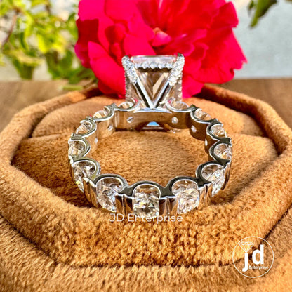 10.23CT Large Radiant Cut Moissanite Engagement Ring, Celebrity Style Solitaire Wedding Ring, Hidden Halo Bridal Ring, Bar Set Eternity Band